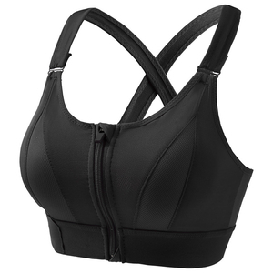 Soutien-gorge de sport respirant sans couture en dentelle gris et noir pour femme, à maintien élevé, avec fermeture éclair avant et dos croisé, idéal pour la gym et l'entraînement - Product Image 2