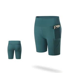 Shorts Deportivos de Cintura Alta para Mujer con Bolsillos, Secado Rápido, Tejido de Spandex y Poliéster, Shorts de Yoga para Entrenamiento, Color Negro Sólido, Corte Regular - Product Image 6
