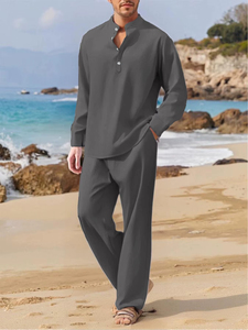 Ensemble d'été décontracté pour homme : chemise respirante et pantalon uni, idéal pour les voyages et la plage - Product Image 2