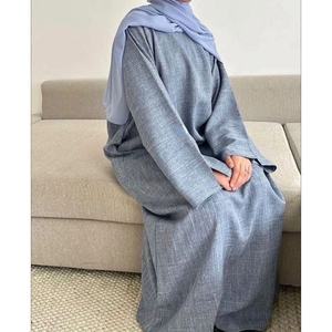 Abaya en lin doux pour femmes, coupe ample, longueur totale, robe musulmane modeste, manches longues, devant fermé, pour la prière, l'Aïd, le Ramadan, usage quotidien - Product Image 3