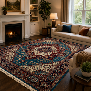 Tapis de luxe en laine tufté à la main de style persan, motif floral traditionnel, bleu, ivoire, rouge, vintage, en latex, pour voyage - Product Image 1