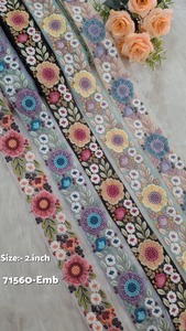 Dentelle florale brodée aux couleurs vives avec des fils colorés, idéale pour les robes, les saris, les garnitures, les artisanat et la décoration. - Product Image 4