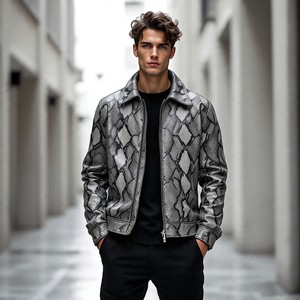 Chaqueta de cuero con estampado de serpiente para hombre, cuello vuelto, cremallera, estilo motero, alta calidad, logotipo personalizado, cuello alto, parte delantera de cuero - Product Image 5