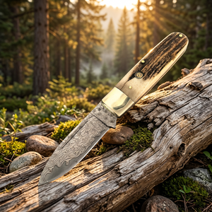 Cuchillo de acero de Damasco con hoja de punta caída y mango de asta de ciervo, cuchillo de caza fabricado en fábrica, cuchillos en venta a bajo precio. - Product Image 3