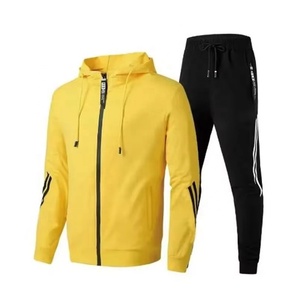 Custom Mens Athletic Two Stripe Red Full <b>Zip</b> <b>Hooded</b> Tracksuit Wholesale 2 Piece Fleece Sweatsuit Jogger Set - Product Image 3