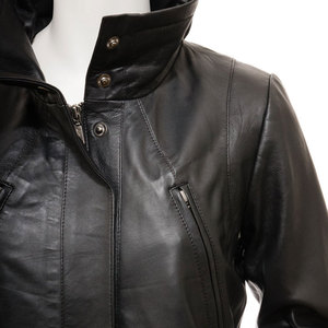Custom <b>Women</b> Genuine <b>Leather</b> <b>Long</b> Motorcycle <b>Jacket</b> Stand Collar Zipper Closure Full Sleeve Utility Style Windproof Outer wear - Product Image 5