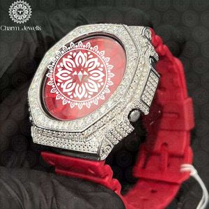 Charm Jewells Luxury Stainless Steel <b>Watch</b> Red Dial <b>Diamond</b> Bezel Analog Quartz Polygon Case Silicone Band Unisex - Product Image 4