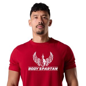 T-shirt de sport rouge pour homme en coton premium, col rond, entraînement, fitness, vêtements de sport décontractés - Product Image 2