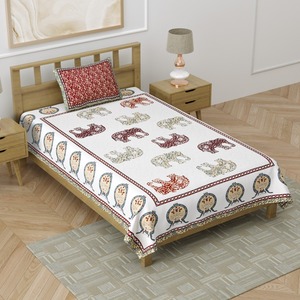 Heritage <b>Single</b> Cotton <b>Bedsheet</b> Elephant Paisley Hand Block Print with Pillow Cover for Home Hotel Bedding - Product Image 1