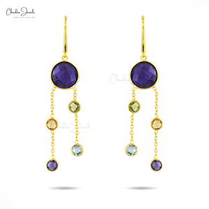 Boucles d'oreilles pendantes en argent sterling 925 de qualité supérieure avec améthyste et pierres précieuses multiples, plaquées or micron, bijoux tendance pour femmes, vente en gros - Product Image 1