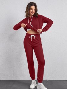 Conjunto Deportivo de Mujer con Capucha, Color Sólido, Manga Larga, Cintura Elástica, Pantalones Deportivos Casuales para Otoño, 100% Algodón, Transpirable, Corte Regular - Product Image 2