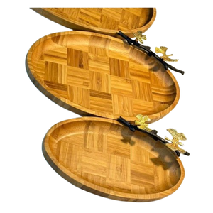Juego de bandejas de bambú ecológicas hechas a mano con asas decorativas en forma de rama y detalles dorados, platos ovalados de madera para café - Product Image 6