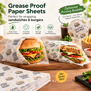 Papier d'emballage blanc anti-graisse imprimé sur mesure pour tacos, hamburgers, frites, emballage alimentaire, 40 GSM, revêtement PE, rouleau, logo personnalisé imprimé - Product Image 1