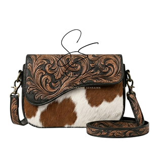 SEHRAINN Women's Vintage <b>Tooled</b> <b>Leather</b> Crossbody Bag with Cowhide Pattern Saddle Shape Flap Closure Handcrafted Rustic Purse - Product Image 2