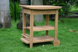 Chariot de service extérieur moderne en teck massif avec étagères de rangement et roulettes pour hôtel et terrasse, modèle KAR03 - Product Image 3