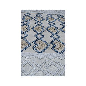 Tapis marocain tissé à la main en sergé, crème, bleu, beige, texturé, à poils ras, adapté aux animaux domestiques, en coton, pour salon bohème - Product Image 2