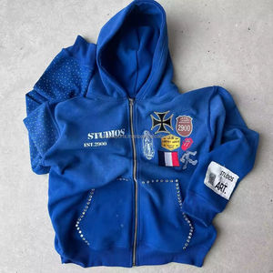 Conjunto de Sudadera con capucha recortada personalizada para hombre con parches bordados lavados con piedra de rizo francés Sudadera con capucha serigrafiada - Product Image 2