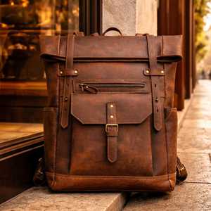 High Quality Leather <b>Roll</b> Top <b>Backpack</b> Handcrafted Cowhide Travel Bag Unisex Vintage Rucksack Cotton Zipper Low MOQ Price - Product Image 1