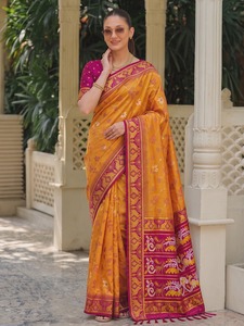 Silk <b>Saree</b> with Woven Border Floral Butti Design Traditional Style Wedding <b>Saree</b> <b>for</b> <b>Women</b> Indian All Seasons Gujarat Origin - Product Image 2