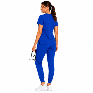 Conjunto de Uniforme Médico Personalizado para Mujer, Blusa de Manga Corta con Cuello en V, Pantalones Jogger con Puños, Traje de Enfermera de Color Sólido - Product Image 6