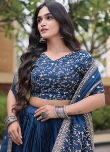 Blue Ethnic Fendy Silk Satin <b>Shawl</b> Pashmina Style Hijab Scarf Fringe Border Lehenga Set <b>Wedding</b> Festival Wear - Product Image 6
