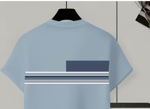 Men Summer <b>T</b> <b>Shirt</b> and Shorts Set Light Blue Striped Crew Neck Knitted Casual Breathable Two Piece Outfit - Product Image 5
