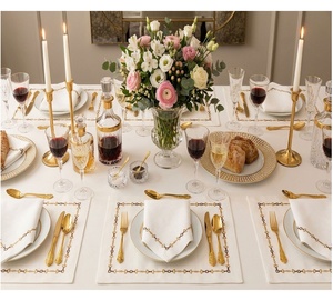 Custom Wholesale QUANG THANH EMBROIDERY Handmade Washable Luxury Embroidery Geometric Chain <b>Placemats</b> Napkins Sets White Mats - Product Image 1