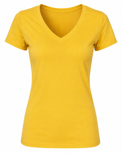 Camiseta Amarilla de Cuello en V para Mujer, Manga Corta, Color Sólido, Informal, Transpirable, Corte Regular, Algodón Jersey, Primavera Verano - Product Image 1