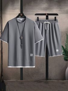 Men Solid Polyester <b>Waffle</b> Knit T-<b>Shirt</b> and Shorts Set Short Sleeve Summer Casual Sportswear Breathable Blank Design - Product Image 1