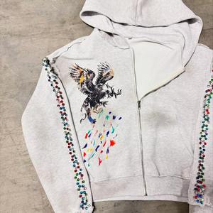 Sudadera con capucha personalizada OEM con efecto desgastado y pedrería para hombre y mujer, sudadera para la temporada de invierno, suministro ODM. - Product Image 6