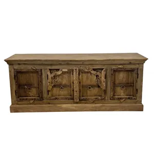 Vintage Wooden Jharokha Carved Four Door Sideboard Metal Fitted Storage <b>Cabinet</b> Rustic Indian Furniture <b>for</b> Dining Room - Product Image 1