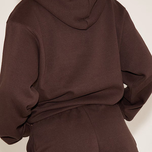 Women's <b>Brown</b> Oversized Hoodie Shorts Set Cotton Fleece Two Piece Casual Lounge Wear Solid Color Autumn Style - Product Image 3