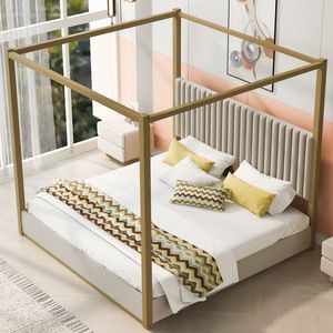 <b>King</b> Size Beige Upholstered Canopy <b>Platform</b> <b>Bed</b> with Headboard and Metal Frame - Product Image 3