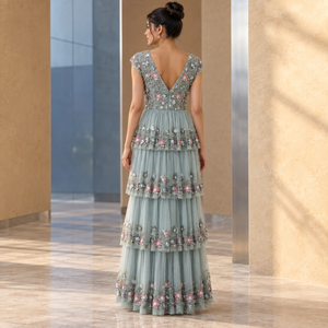 Elegant Dusty Sage Blue Floral Embellished Tiered Evening <b>Gown</b> | V Neck Cap Sleeve Beaded Sequin Tulle A Line <b>Floor</b> <b>Length</b> Dress - Product Image 4