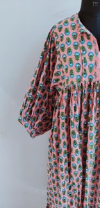 Ethnic Pink Floral Hand Print Cotton Midi <b>Dress</b> With Tie Neck Short Puff Sleeve <b>Loose</b> Fit Casual Summer <b>Dress</b> For Women - Product Image 4