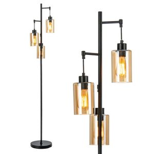 Lampada da Terra Retrò con 3 Paralumi in Vetro Ambrato Sospesi - Product Image 1