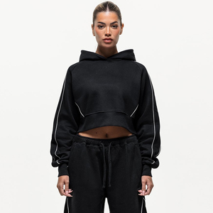 Sudadera con Capucha Corta Oversize para Mujer, Negra, Hombros Caídos, Manga Larga, Tejido de Algodón, Color Sólido, Estilo Casual Otoñal - Product Image 3