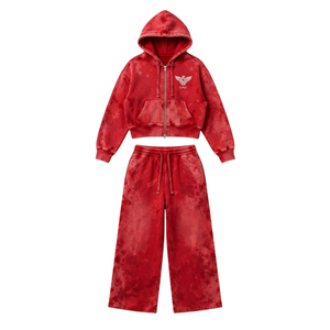 Red Acid Wash Winter <b>Velvet</b> Two Piece Tracksuit Set Cropped Zip <b>Hoodie</b> Wide Leg Sweatpants Casual Streetwear Matching Outfit - Product Image 1