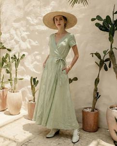 Vestido de Lino de Manga Corta con Bolsillos, Nuevo, Estilo Europeo Americano, Casual, Cuello en V, Largo hasta la Rodilla, con Botones - Product Image 6