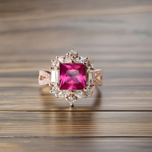 14K Or Massif 8*8mm Princesse Cut Lab-Grown Ruby Bague de Fiançailles Antique Art Déco Cluster Anneau Personnalisable Métal Ton/Pureté - Product Image 1