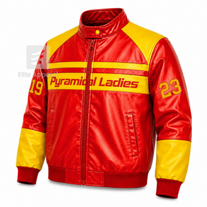 Veste en cuir personnalisée NSPDK Sorority rouge et or avec logo brodé, style décontracté pour femme, doublure en polyester. - Product Image 2