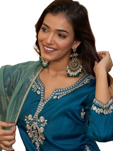 Ensemble Salwar Kameez en soie bleue traditionnelle avec poignets brodés et dupatta pour femmes, tenue décontractée, style Inde Pakistan - Product Image 3