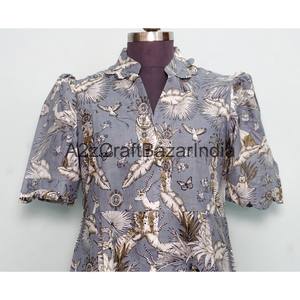 Vestido midi de algodón 100% con estampado floral hecho a mano, nuevo diseño hermoso para mujer, cuello en V, mangas cortas, cómodo para la oficina. - Product Image 2