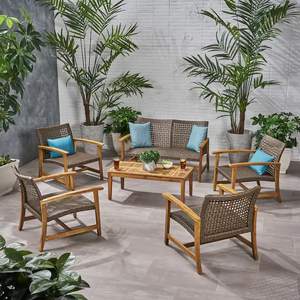 Indonesian Solid Teak Wood & Rattan 6 Piece Outdoor Furniture Set 6 Seater Sofa with <b>Loveseat</b> and 4 Club Chairs <b>for</b> Hotel Resort - Product Image 2