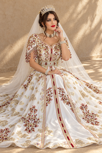 Caftan de mariée algérien rouge rubis ivoire avec broderie dorée, manches à franges de perles, ceinture ornée de bijoux, voile, pour femme, robe longue de soirée arabe respirante, col en V - Product Image 6