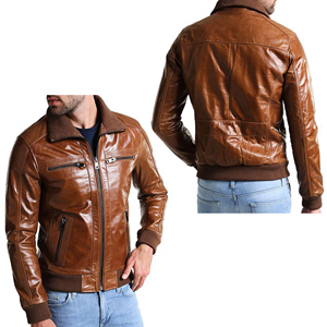 Blouson d'hiver réversible pour homme en cuir marron et doublure en viscose, fermeture éclair, col et poignets en tricot côtelé. - Product Image 5