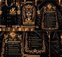 Blouson universitaire noir et or grande taille pour homme, style bomber, à boutons-pression, avec motif lion religieux, personnalisable pour équipe