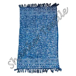 Flat Weave Dhurrie Rugs Hand Loom Woven Cotton Hand Block Printed Indigo Blue Adult Rectangle Geometric Interior Decor Area Rug