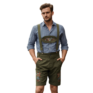 Pantalones Cortos de Gamuza Vacuna Genuina para Hombre, Estilo Bávaro Oktoberfest, Color Verde Oliva, Cintura Elástica, Transpirables y Resistentes al Viento - Product Image 1