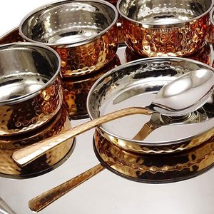 Wholesale Bulk Order Pooja Thali Hammered Design Gold Inlay Large Stainless Steel Durable Thali Set Seller Item Customized Logo - Product Image 5